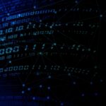 Abstract image of blue digital binary code overlaid with a network of interconnected glowing nodes, symbolizing data and digital connectivity.