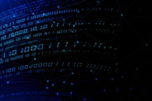 Abstract image of blue digital binary code overlaid with a network of interconnected glowing nodes, symbolizing data and digital connectivity.