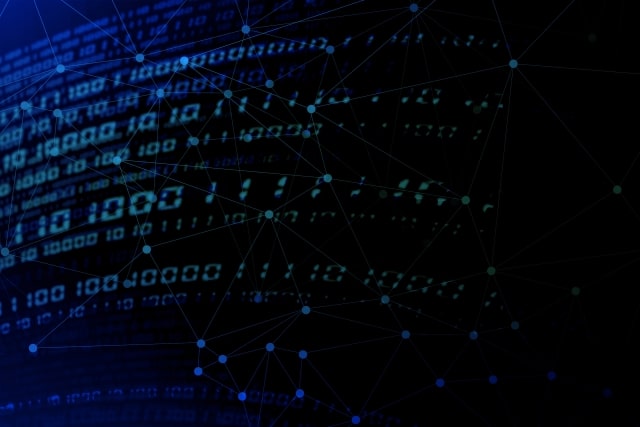 Abstract image of blue digital binary code overlaid with a network of interconnected glowing nodes, symbolizing data and digital connectivity.