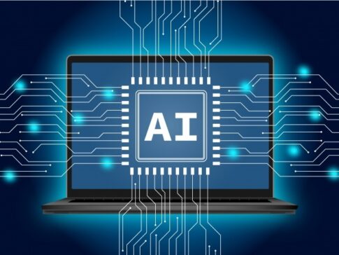 Laptop displaying a central AI chip with glowing circuits radiating outward, symbolizing artificial intelligence in computing.