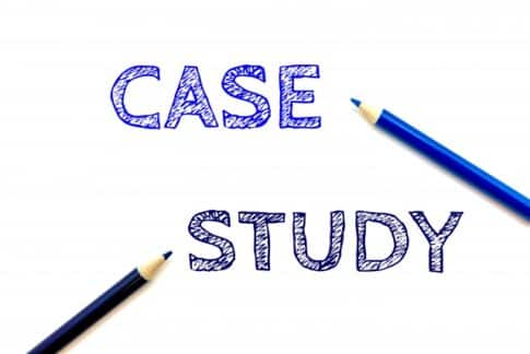 Graphic with the words CASE STUDY in blue handwriting, two pencils pointing toward the text on a white background (informative).
