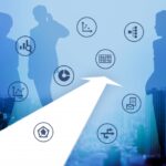 Three silhouetted businesspeople overlook a cityscape as a white arrow points forward, surrounded by circular icons for data, charts, and communication, suggesting forward momentum and strategy.